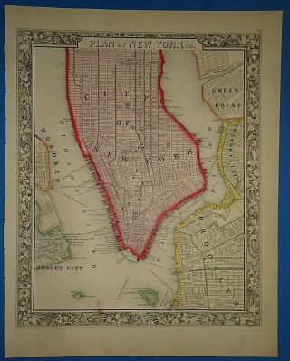 Vintage 1861 York City - Brooklyn Map Old Antique Atlas Map