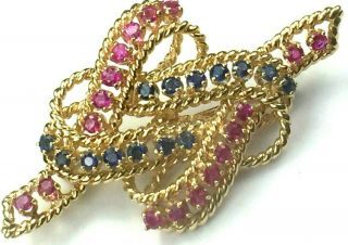 Gorgeous Heavy 14kyg 2.  0ct Natural Round Sapphires & Rubies Ribbon Brooch 11.  3gm