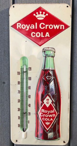 Vintage 1950s Rc Royal Crown Embossed Metal Sign With Thermometer
