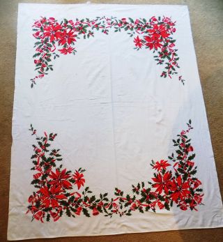 Vintage Wilendure Christmas Themed Cotton Tablecloth Poinsettias Bells 66 X 52