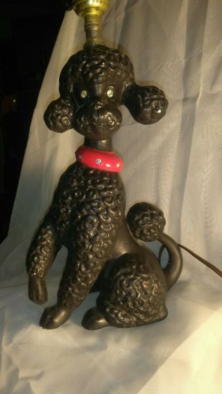 Vtg Mid Century Black Poodle Dog Table Lamp Raised Paw Red Collar