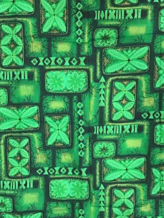 Vintage Hawaiian Print Cotton Fabric Tiki Idols Green W/gold 36 " X 2.  25 Yds