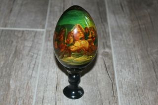 Vintage Russian Hand Painted Wooden Wood Egg With Stand