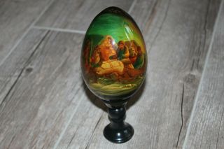 Vintage Russian Hand Painted Wooden Wood Egg with stand 3