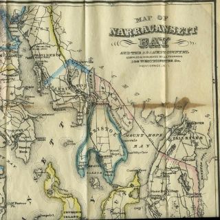 Antique 1870 Hand Colored Pocket Map Narragansett Bay,  Rhode Island,  Providence,  Ri