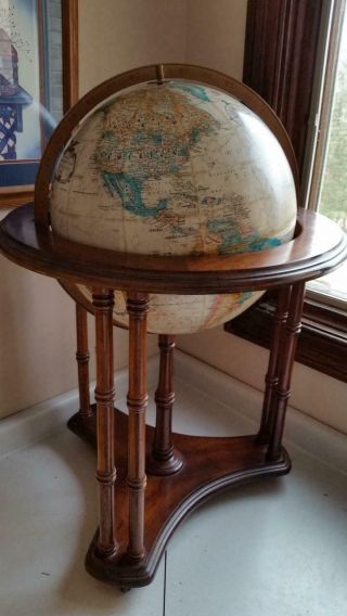 World Globe In Real Wood Frame Display Decor On Casters 34 " H X 24 " W