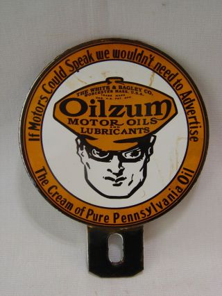Oilzum Motor Oil 2 - Piece Porcelain Advertising License Plate Topper Attachment