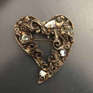 Christian Lacroix 94 Vintage Brooch Dark Bronze Tone Heart Cameo Mother Of Pearl