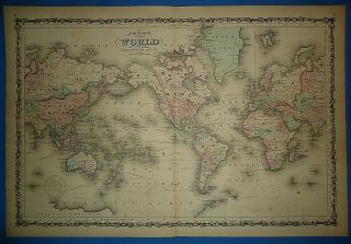 Vintage 1862 World Map Old Antique Johnson 