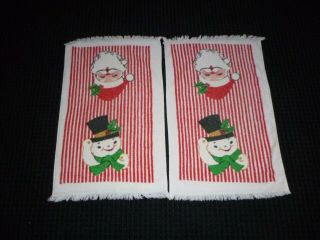 Pr Vtg Cannon Terry Cloth Christmas Dish Kitchen Towels Mod Santa &snowman