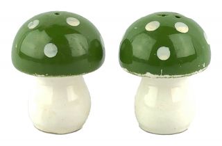 Vintage Ceramic Porcelain Salt Pepper Shaker Set Green White Spotted Mushrooms