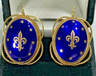 Elegant Rare Antique French Empire Enamel & 14k Gold Fleur De Les Earrings
