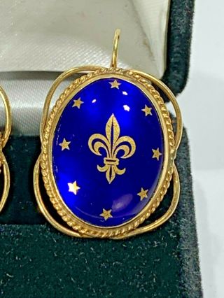 Elegant Rare Antique French Empire Enamel & 14K Gold Fleur De Les Earrings 2