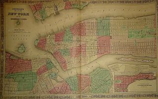 Vintage 1864 York City Map Old Antique & Johnson 