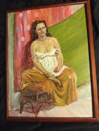 Vintage Mexican Woman Portrait Oil Painting Bench Textile Background