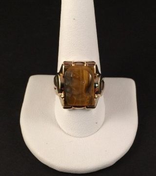 Rare Mens Estate 10k Gold Double Roman Soldier Tiger Eye Cameo Ring Size 10.  75