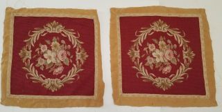 Pair Vintage Needlepoint & Petitpoint Chair/pillow Covers Deep Red W/ Floral