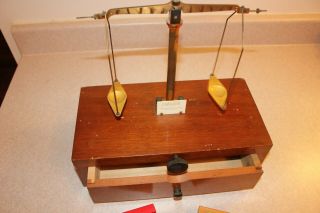 Vintage Brass Gram Gold Scale With Weights In Wood Box/ Drawer