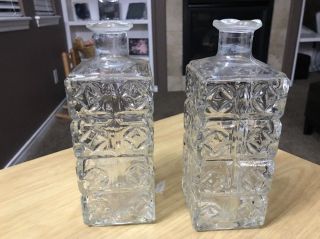 Two Vintage Crystal Glass Diamond Design Square Liquor Whiskey Bottles Decanters