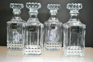 Vintage Square (set Of 4) Glass Liquor Decanters With Stoppers & Hanging Tags