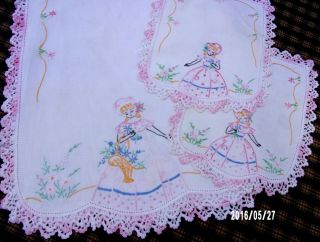 3 Pc Vintage Southern Belle Embroidered Crinoline Dresser Set Scarf Runner Doily
