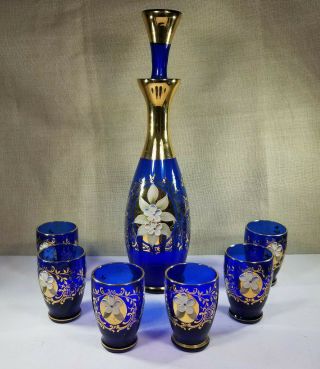 Vtg Cobalt Blue And Gold Glass Decanter Set With 6 Cordial Glasses W/flowers