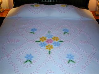 Vintage Full/queen Size Chenille Bedspread Multi Color Floral 89 X 102