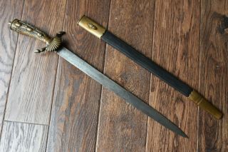 Rare Pre Wwii German Forestry Cutlass Hunting Dagger Etched Blade W/ Scabbard