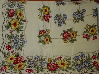 Vtg Vibrant Colorful Cotton Rayon Floral Tablecloth 56 " X 49 "