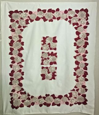 Vintage Printed Tablecloth With Taupe Gray Roses On Pink And Burgundy Border