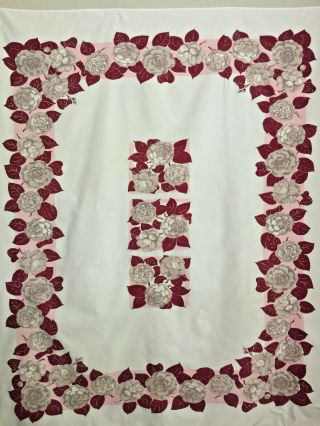 Vintage Printed Tablecloth with Taupe Gray Roses on Pink and Burgundy Border 2