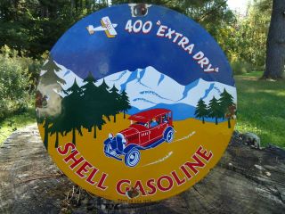 Old 1932 Shell Gasoline 400 " Extra Dry " Porcelain Gas Pump Sign Great Colors