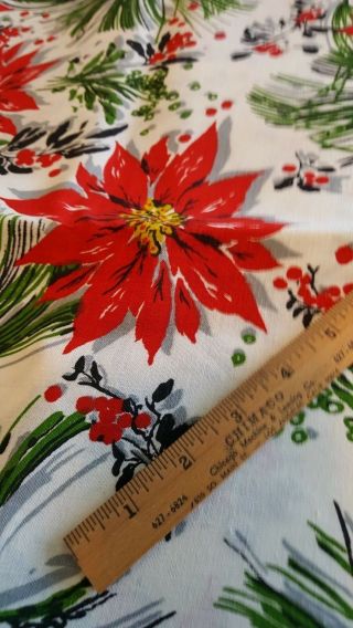 Vintage Novelty Christmas Cotton Fabric Poinsettias Pines 2 Yds X 53 " Red Green