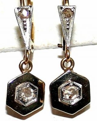 Antique French Victorian Bi Color 18k Gold Rose Cut Diamond Dangle Earrings 1900
