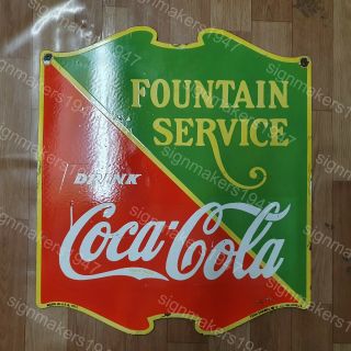 Coca Cola Fountain Service 2 Sided Vintage Porcelain Sign 22 1/2 X 25 Inches