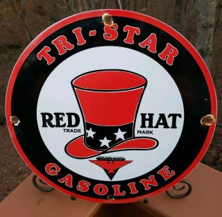 Vintage Red Hat Gasoline Porcelain Sign Gas Station Pump Plate Oil Service