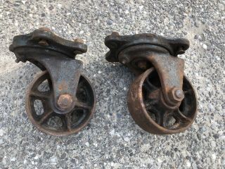 Antique Vintage Industrial Set (2) Service Caster Cast Iron Swivel Wheel 1917 5”