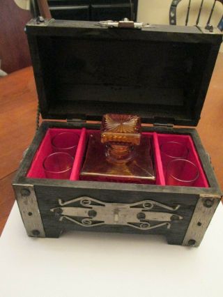 Vintage 8 " Wood Pirate Treasure Chest Box Bar Bottles Shot Glasses Lions