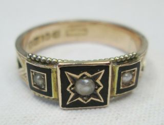Antique Victorian 9ct Gold Hair Black Enamel Pearl Mourning Ring Size P 1900