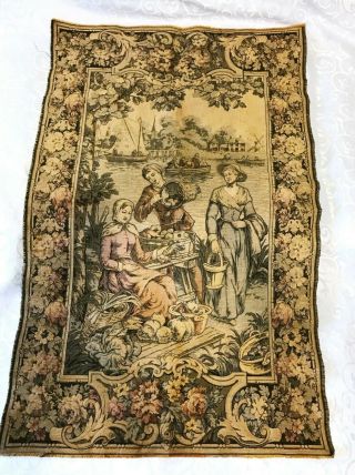 Vintage Tapestry Wall Hanging Rococo Seaside Market Made In France