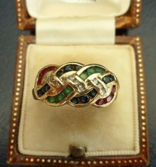 Vintage Jewellery 9ct Gold Diamond Sapphire Emerald Ruby Celtic Knot Ring