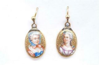 Antique Early Victorian 18k Gold Enamel Lady Portrait Miniature Earrings C1840