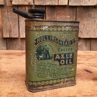 Antique 1 Pint Hollingheads Castor Axle Oil Tin Can Oiler Graphics Sign
