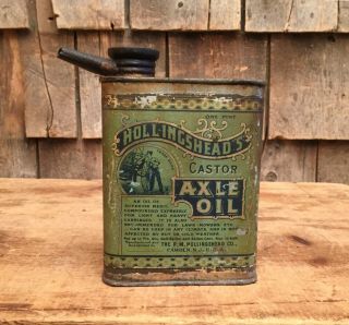 Antique 1 Pint HOLLINGHEADS Castor Axle Oil Tin Can Oiler GRAPHICS Sign 2