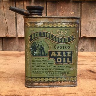 Antique 1 Pint HOLLINGHEADS Castor Axle Oil Tin Can Oiler GRAPHICS Sign 3