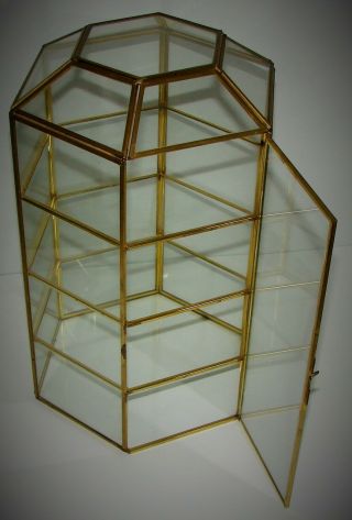 Vintage 6 - Sided Hexagon Brass & Glass Table Top Display Case 13.  75” T W/3 Shelve