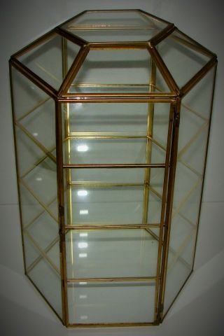 Vintage 6 - Sided Hexagon Brass & Glass Table Top Display Case 13.  75” t w/3 Shelve 3