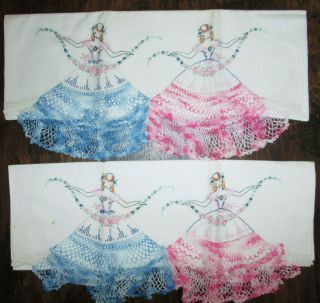 Vintage Set Of 2 Double Southern Bell Crochet Embroidered Pillowcases Blue Pink