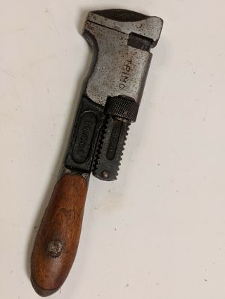 Vintage Trimo Trimont Mfg.  Co.  8 " Wood Handle Adjustable Monkey Wrench Nos ?