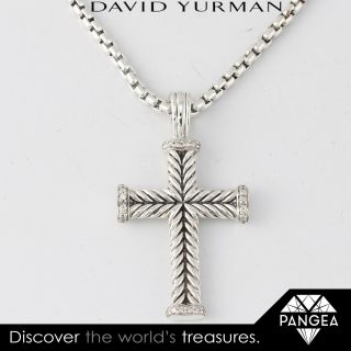 David Yurman 925 Sterling Silver 0.  25ctw Diamond Chevron Cross Pendant 20 "